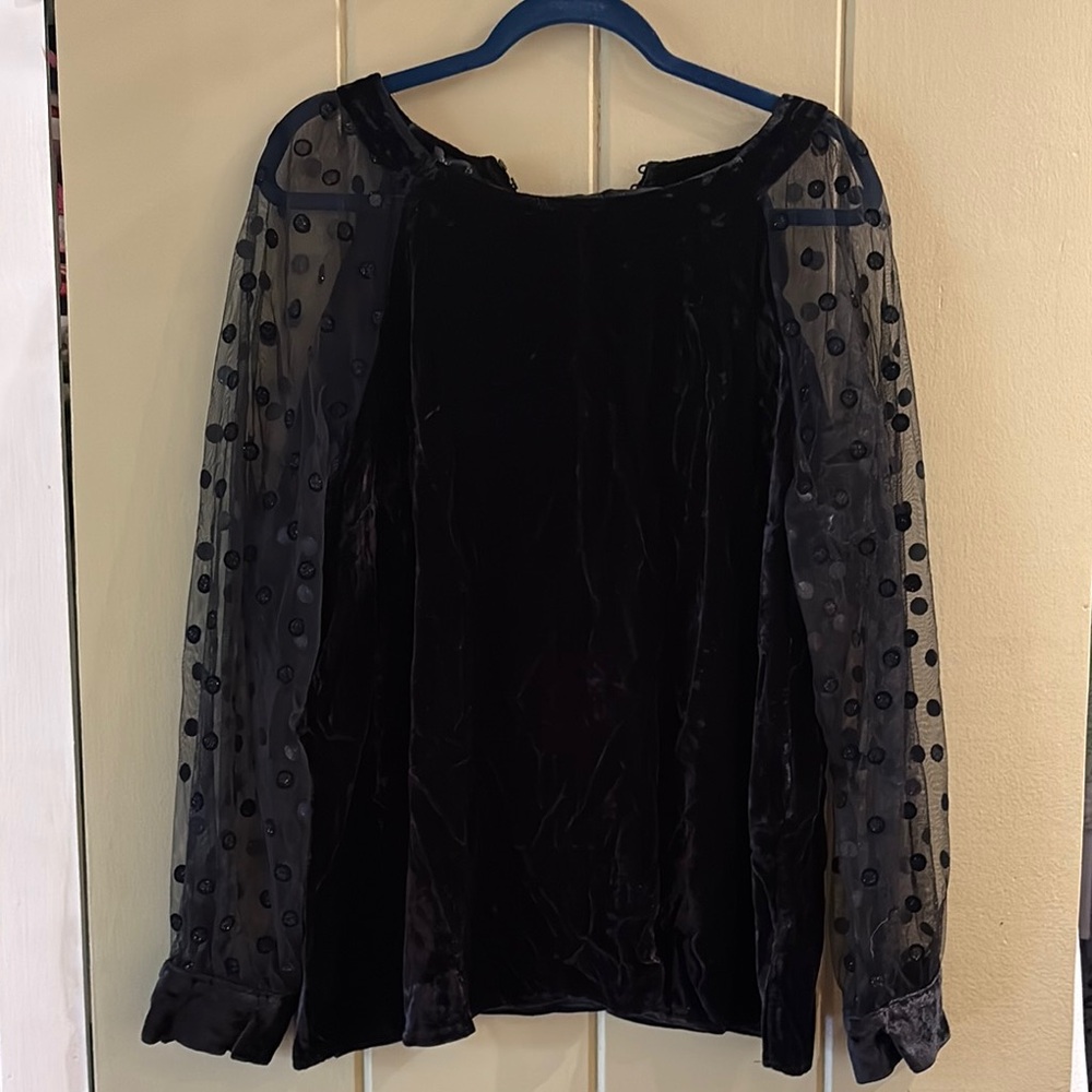 Elegant Black Velvet Top with Sheer Polka Dot Sleeves
